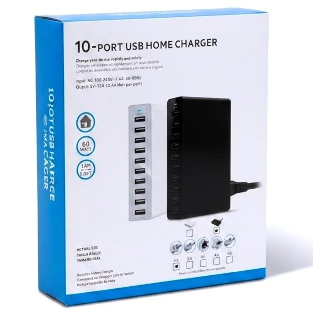 10-Port USB Home Charger 60W Multi-Device Charging Station Hub 5.3ft Cord White
